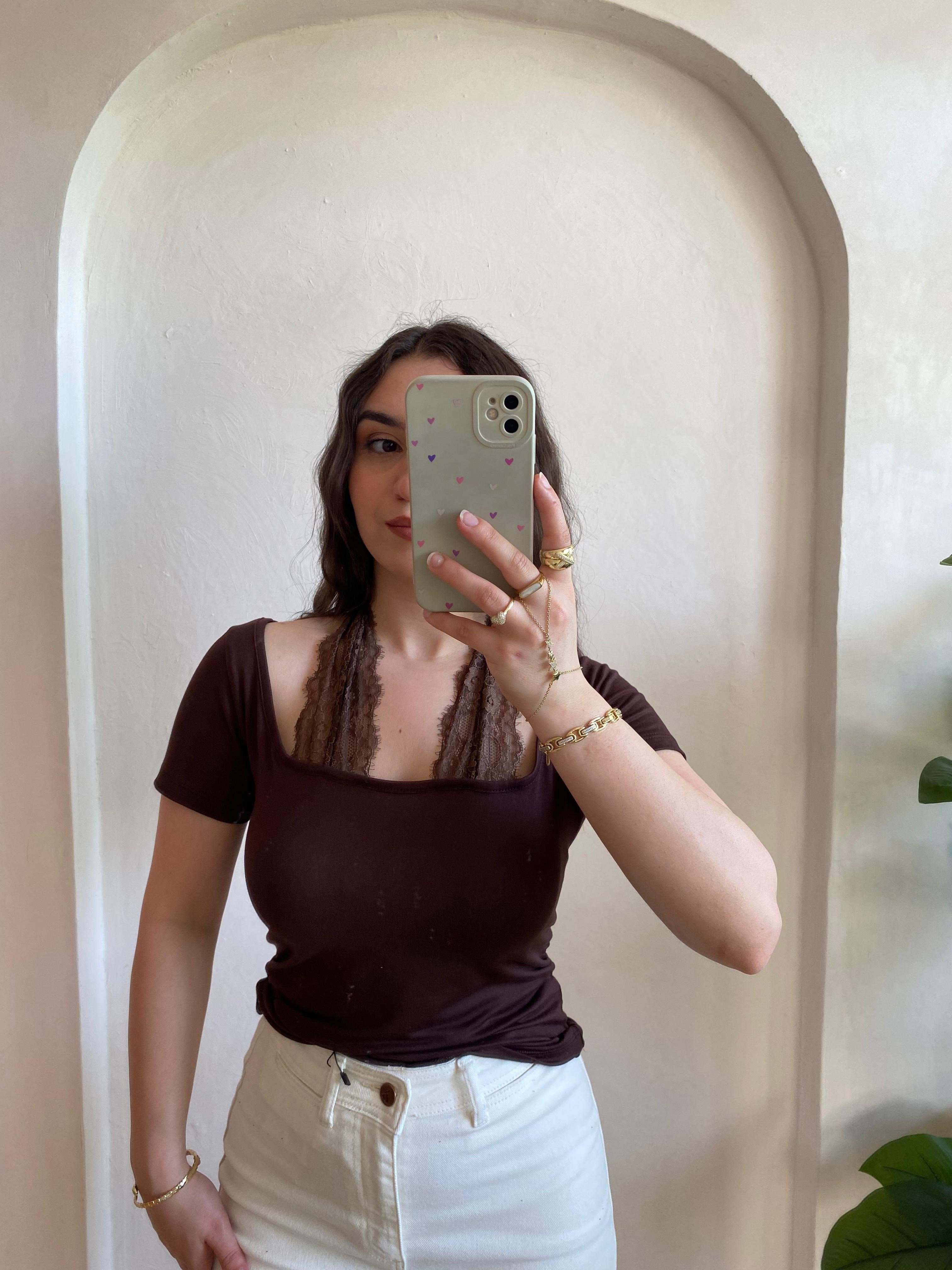 Kahve Dantel Bağlamalı Bluz 