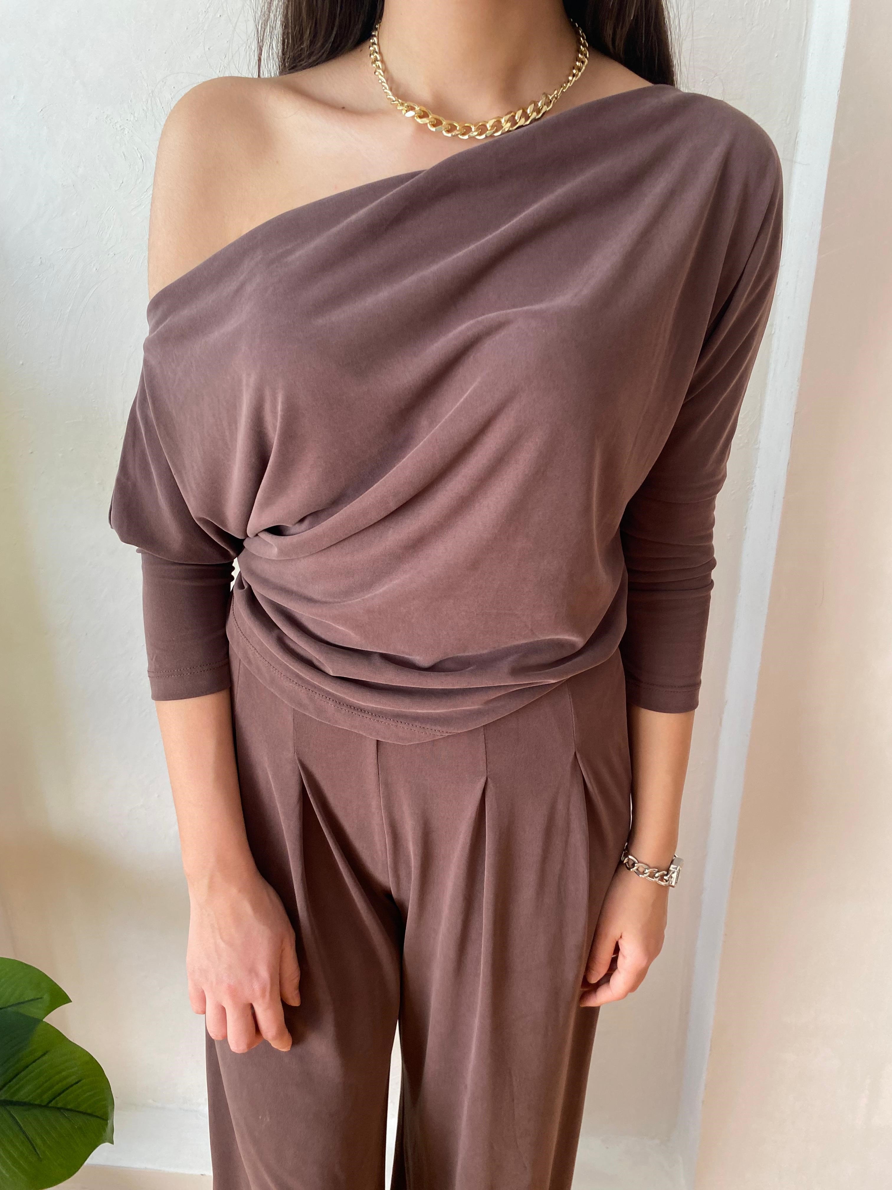 Kahve Düşük Omuz Bluz Pantolon Takım