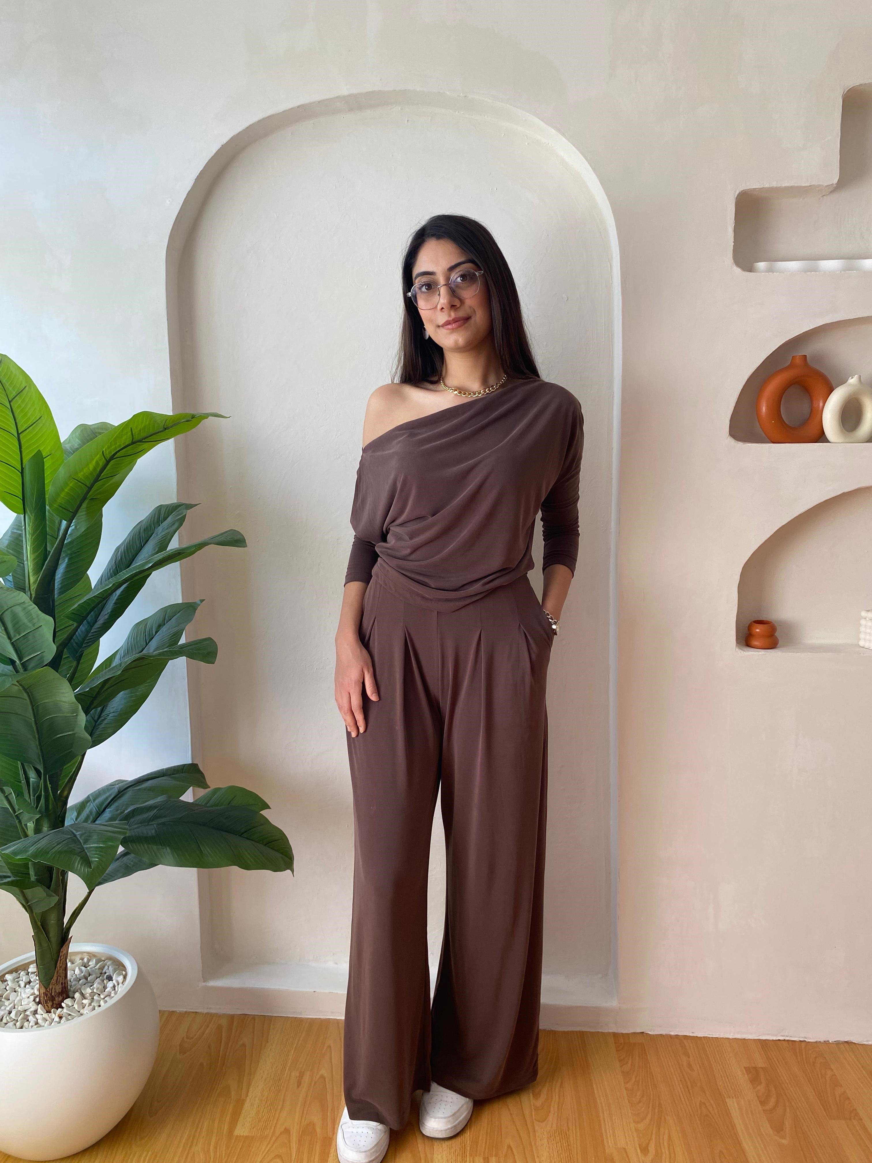 Kahve Düşük Omuz Bluz Pantolon Takım