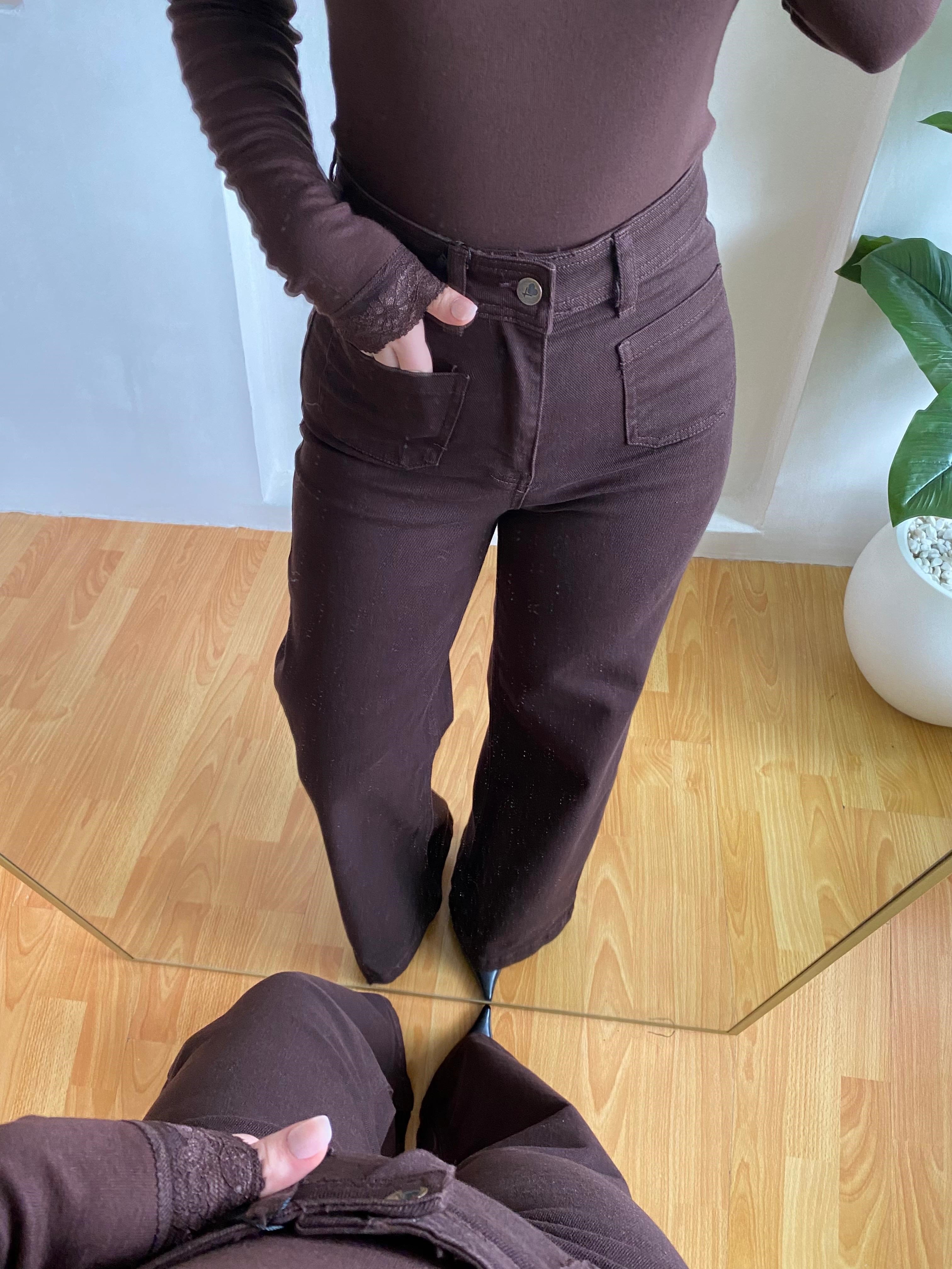 Kahve Önü Kare Cepli Wide Leg Jean