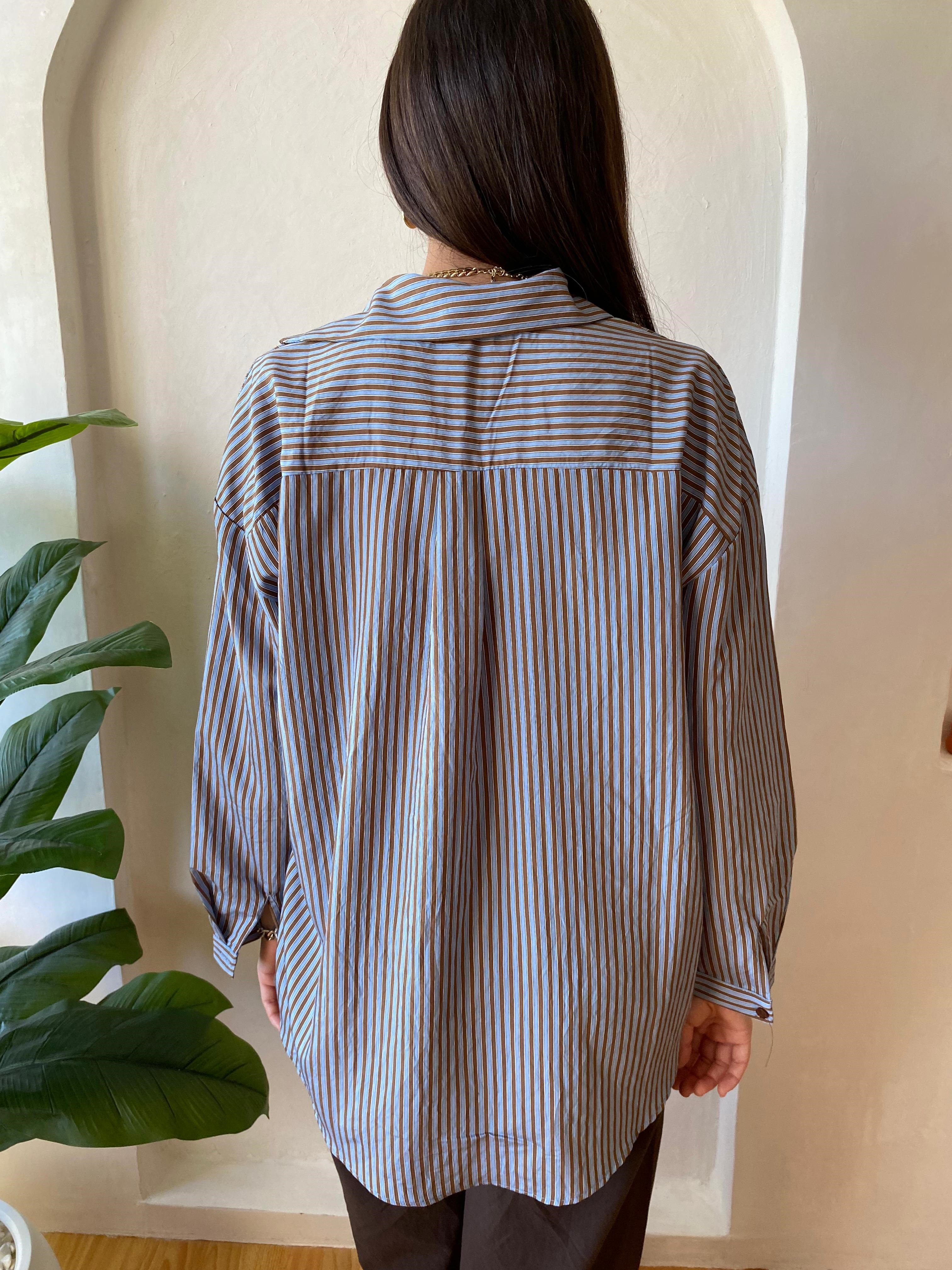 Oversize Mavi Kahve Çizgili Gömlek