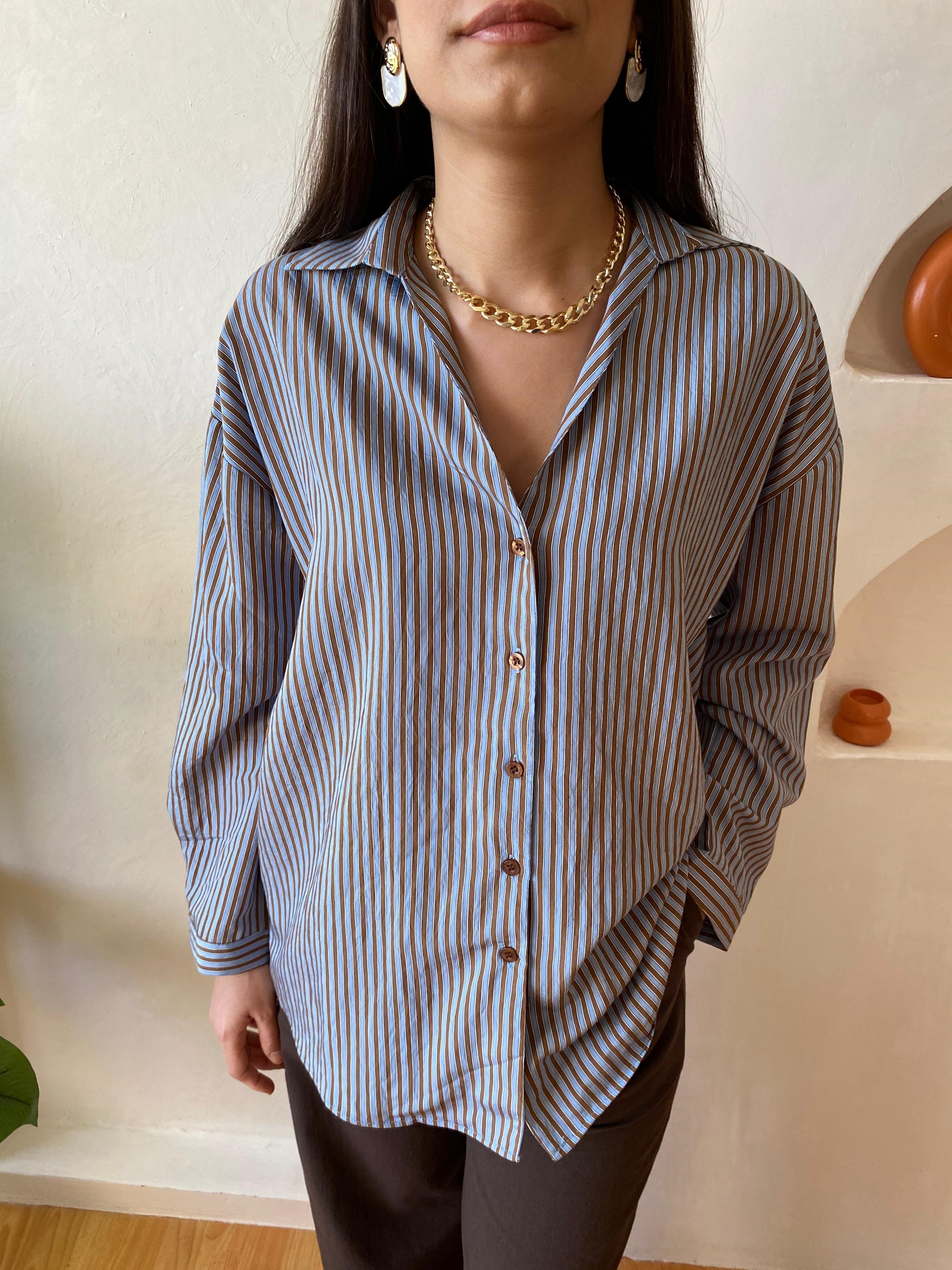 Oversize Mavi Kahve Çizgili Gömlek