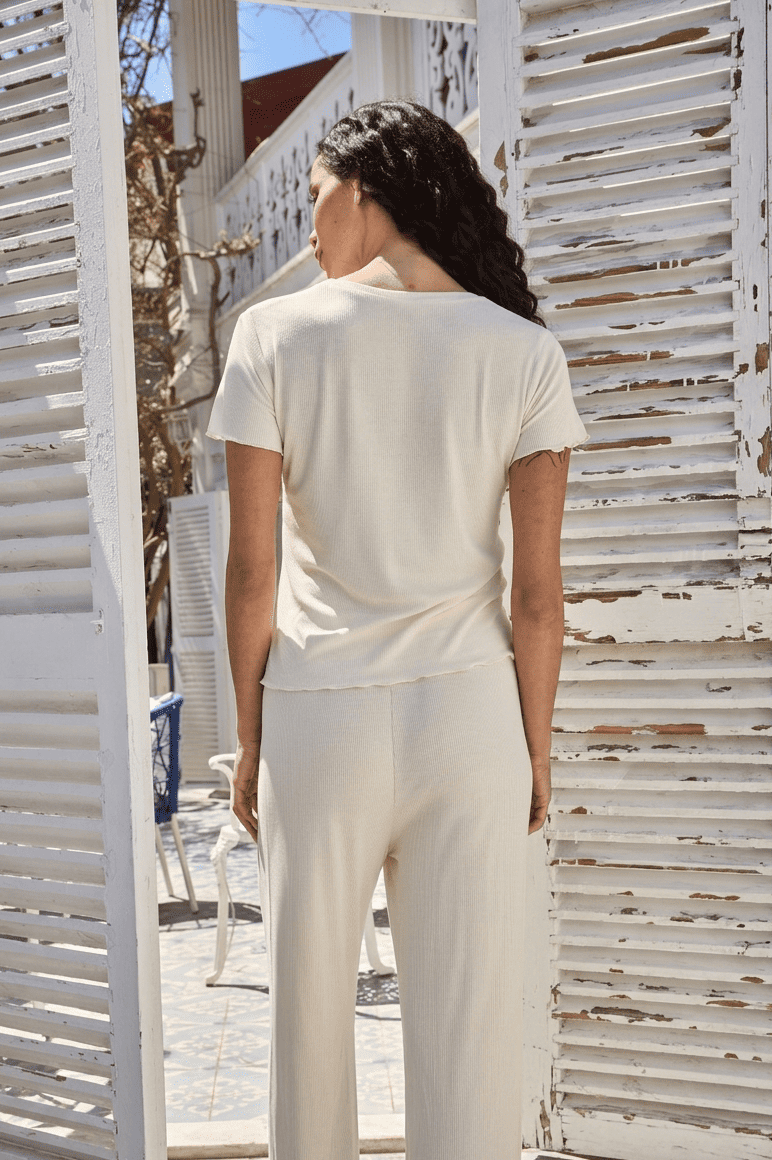 DEBRA Modal Karışımlı Kaşkorse Kısa Kol Tshirt - Ekru
