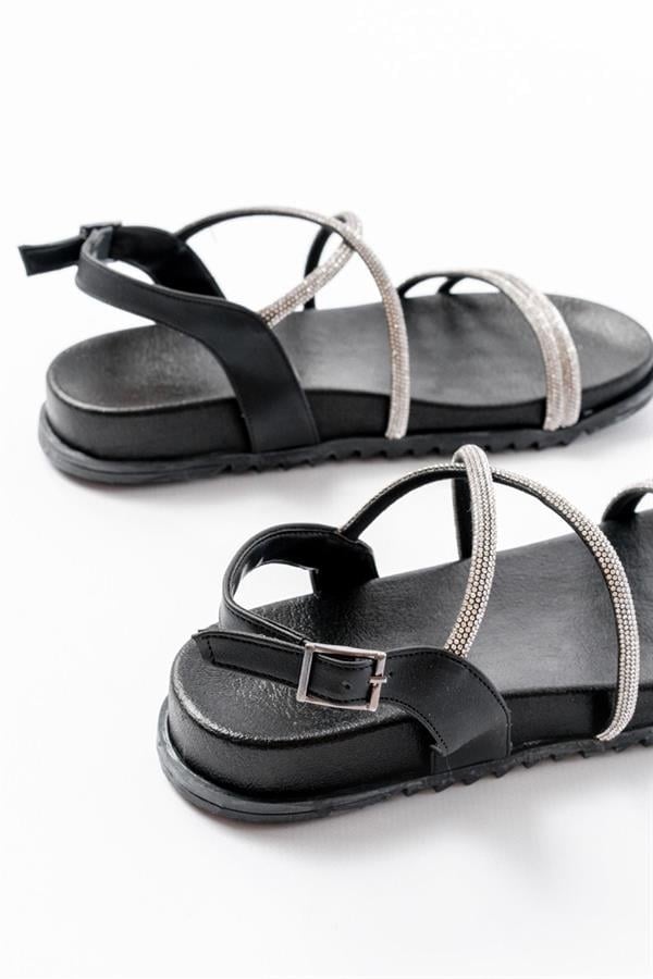 1001-1105 Siyah Gümüş Taşlı Günlük Kadın Sandalet