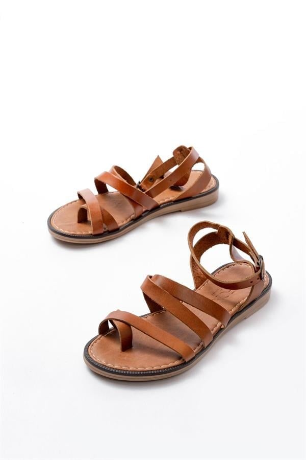 205-209 Taba  Hakiki Deri Tokalı Parmak Arası Kadın Sandalet