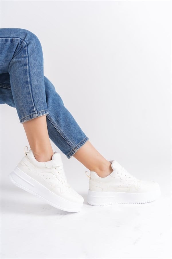 ALESSI Bağcıklı Ortopedik Taban Kadın Sneaker Spor Ayakkabı CBT - Kırık Beyaz