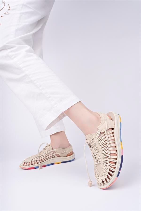 Aymood Lastikli Bağcıklı Ünisex Yaz Erkek Sandalet Kadın Terlik Dokuma Tasarım Plaj Sandaletleri Nefes Rahat Düz Sandalet Açık Çift  Sandalet
