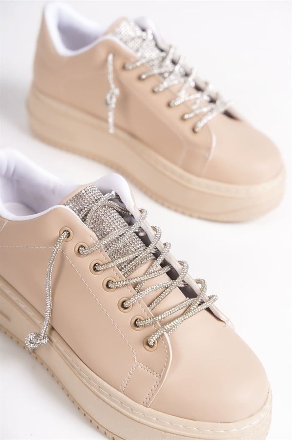 DELLA Bağcıklı Ortopedik Taban Taşlı Kadın Sneaker Spor Ayakkabı CTT - Ten