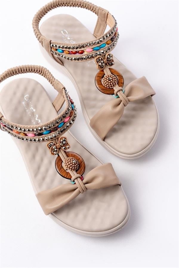 DM-608 Bej Taşlı Arka Lastikli Günlük Kadın Sandalet
