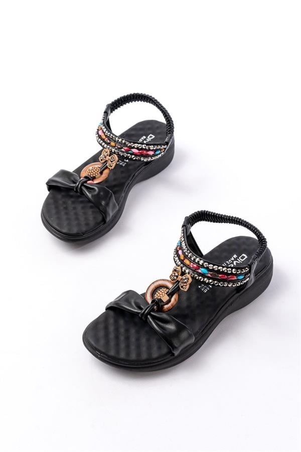 DM-608 Siyah Taşlı Arka Lastikli Günlük Kadın Sandalet