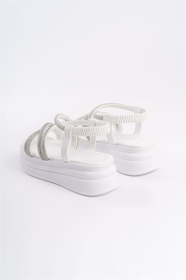 ELENA Lastikli Taşlı Şeritli Ortopedik Taban Kadın Sandalet  CBT - Beyaz
