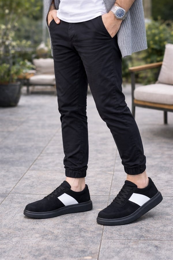 JY011 Line Erkek Günlük Bağcıklı Süet Spor Sneaker Ayakkabı SST - Siyah/Beyaz