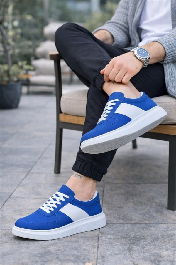 JY011 Line Erkek Günlük Bağcıklı Süet Spor Sneaker Ayakkabı SBT - Mavi/Beyaz