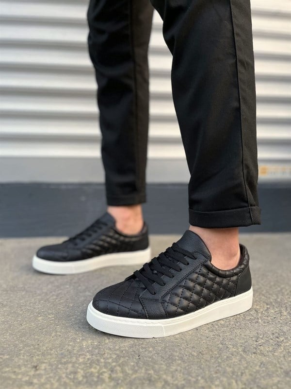JY166 Prestige Bağcıklı Cilt Kapitone Desenli Erkek Günlük Sneaker Ayakkabı CBT - Siyah