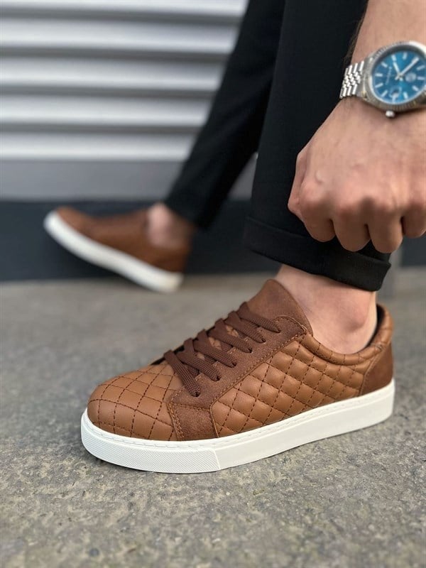 JY166 Prestige Bağcıklı Cilt Kapitone Desenli Erkek Günlük Sneaker Ayakkabı CBT - Taba