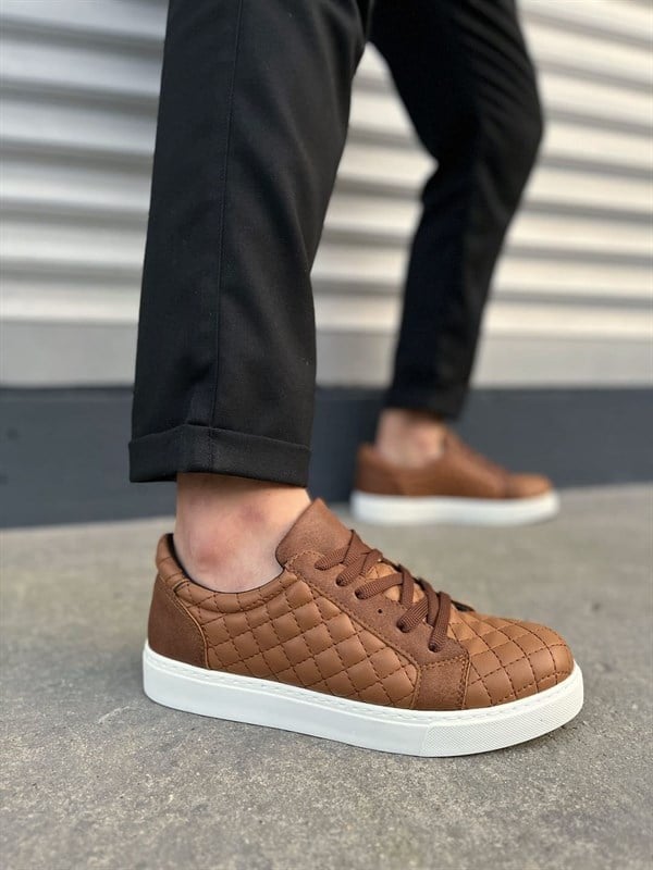 JY166 Prestige Bağcıklı Cilt Kapitone Desenli Erkek Günlük Sneaker Ayakkabı CBT - Taba