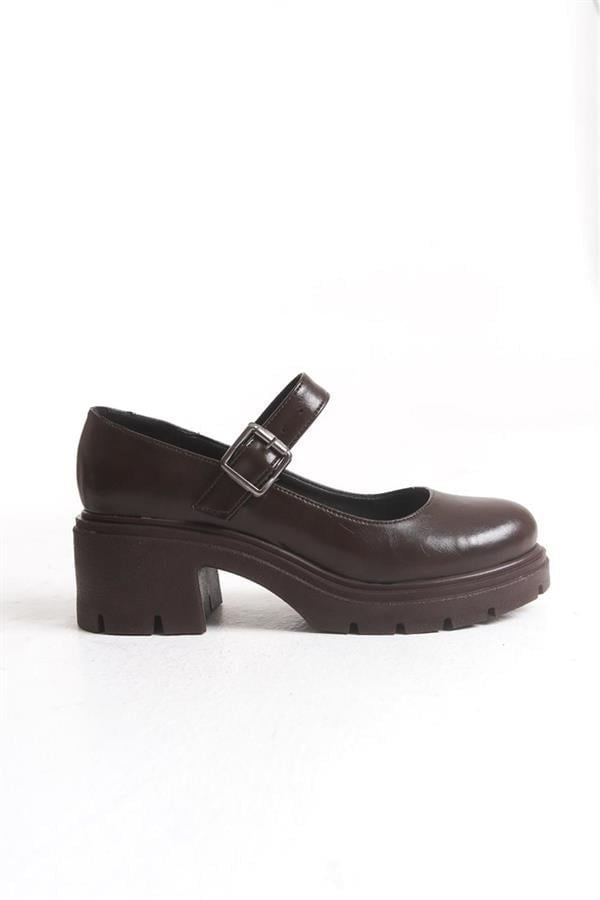 K-708 Kahve Kırışık Rugan Tokalı Yüksek Tabanlı Loafer Ayakkabı