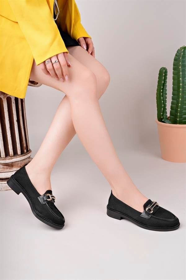 Kadın Nude Zincir Tokalı Kalın Taban Pu Deri Günlük Klasik Topuklu Loafer Makosen Ayakkabı F Krem Tekstil VY Siyah Tekstil