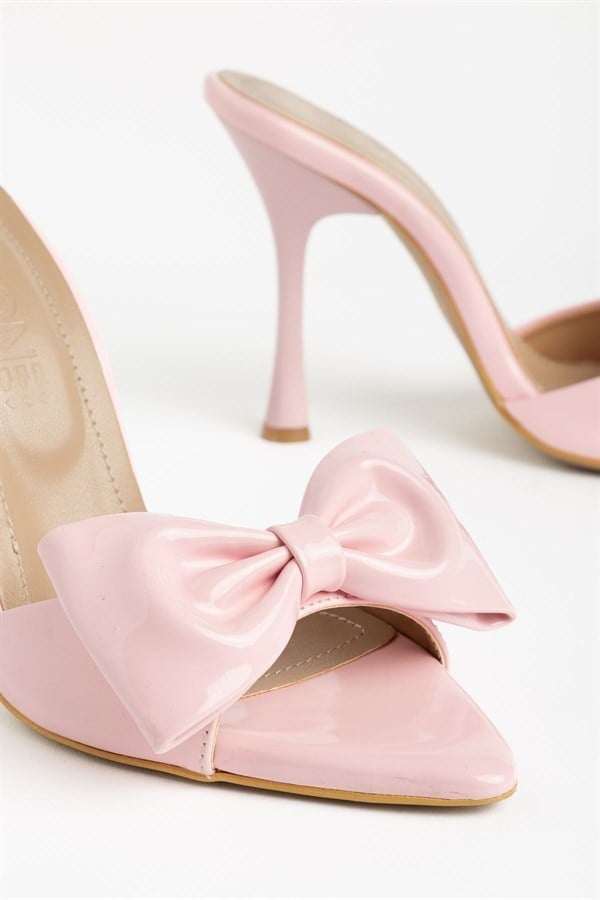 S-49 Pembe Rugan Fiyonk Detaylı 11 Cm Topuklu Kadın Terlik