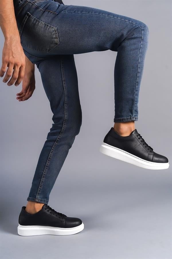 SLW151 Boost Bağcıklı Cilt Erkek Günlük Sneaker Ayakkabı CBT - Siyah