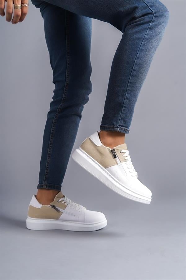 SLW155 Warrior Bağcıklı Ve Fermuarlı Cilt Süet Erkek Günlük Sneaker Ayakkabı CSBT - Beyaz/Krem