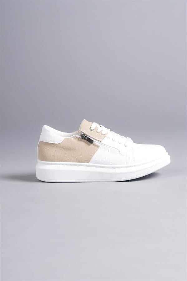 SLW155 Warrior Bağcıklı Ve Fermuarlı Cilt Süet Erkek Günlük Sneaker Ayakkabı CSBT - Beyaz/Krem