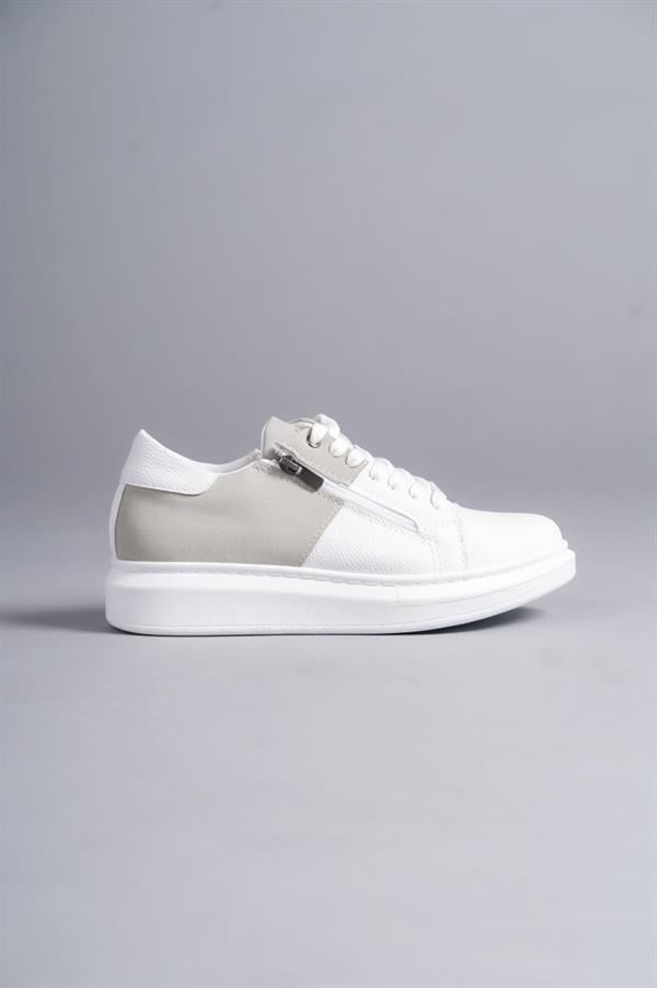SLW155 Warrior Bağcıklı Ve Fermuarlı Cilt Süet Erkek Günlük Sneaker Ayakkabı CSBT - Beyaz/Gri