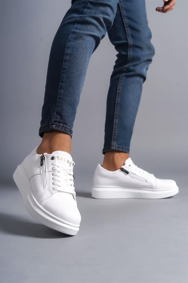 SLW155 Warrior Bağcıklı Ve Fermuarlı Cilt Erkek Günlük Sneaker Ayakkabı CBT - Beyaz