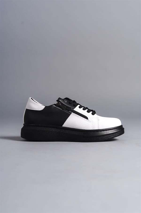 SLW155 Warrior Bağcıklı Ve Fermuarlı Cilt Erkek Günlük Sneaker Ayakkabı CST - Siyah/Beyaz