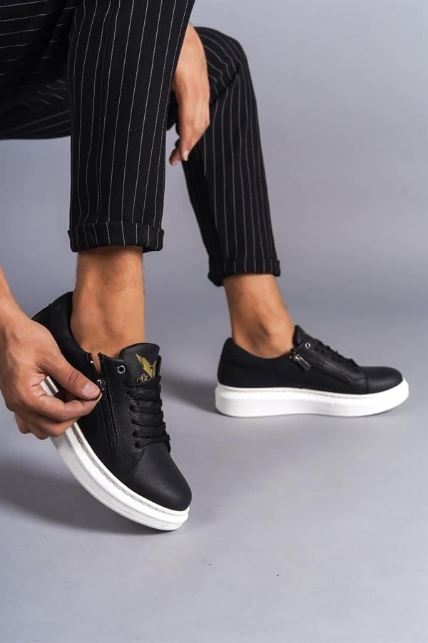 SLW155 Warrior Bağcıklı Ve Fermuarlı Cilt Erkek Günlük Sneaker Ayakkabı CBT - Siyah
