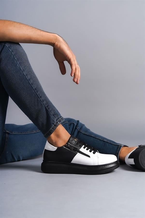 SLW155 Warrior Bağcıklı Ve Fermuarlı Cilt Erkek Günlük Sneaker Ayakkabı CST - Siyah/Beyaz