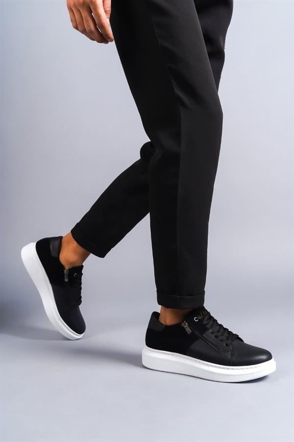 SLW155 Warrior Bağcıklı Ve Fermuarlı Cilt Süet Erkek Günlük Sneaker Ayakkabı CSBT - Siyah