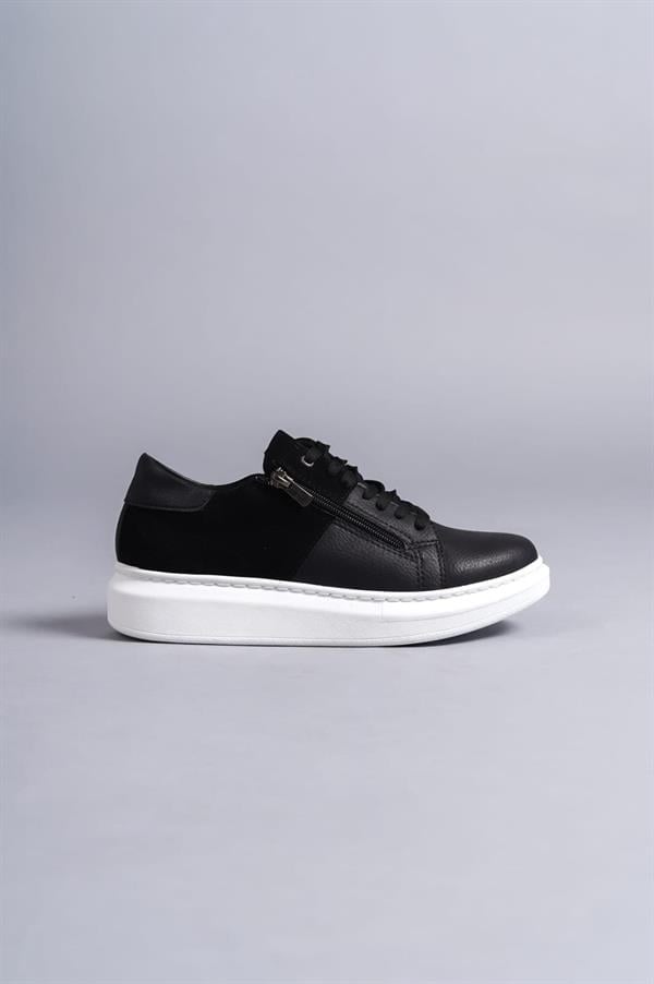 SLW155 Warrior Bağcıklı Ve Fermuarlı Cilt Süet Erkek Günlük Sneaker Ayakkabı CSBT - Siyah