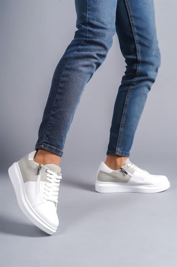 SLW155 Warrior Bağcıklı Ve Fermuarlı Cilt Süet Erkek Günlük Sneaker Ayakkabı CSBT - Beyaz/Gri