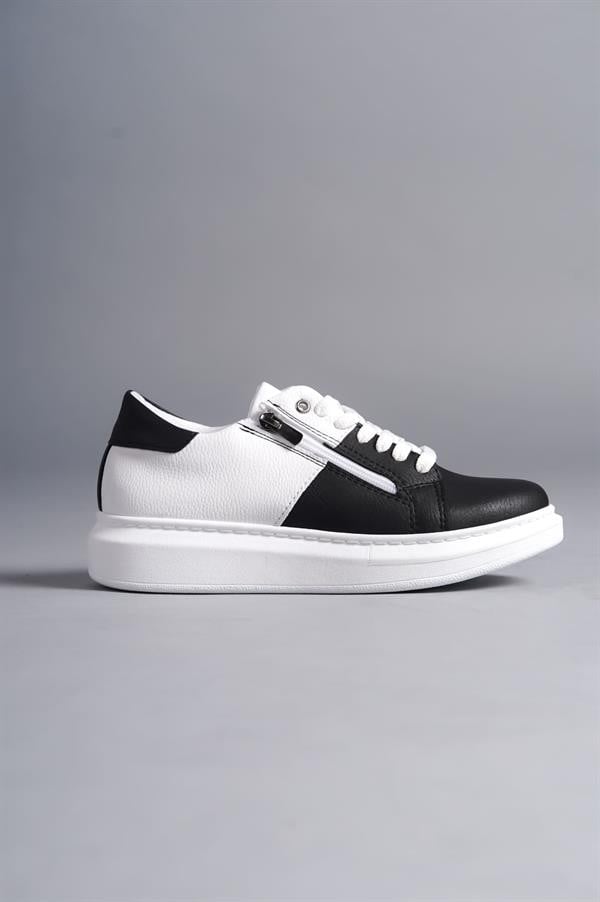 SLW155 Warrior Bağcıklı Ve Fermuarlı Cilt Erkek Günlük Sneaker Ayakkabı CBT - Beyaz/Siyah