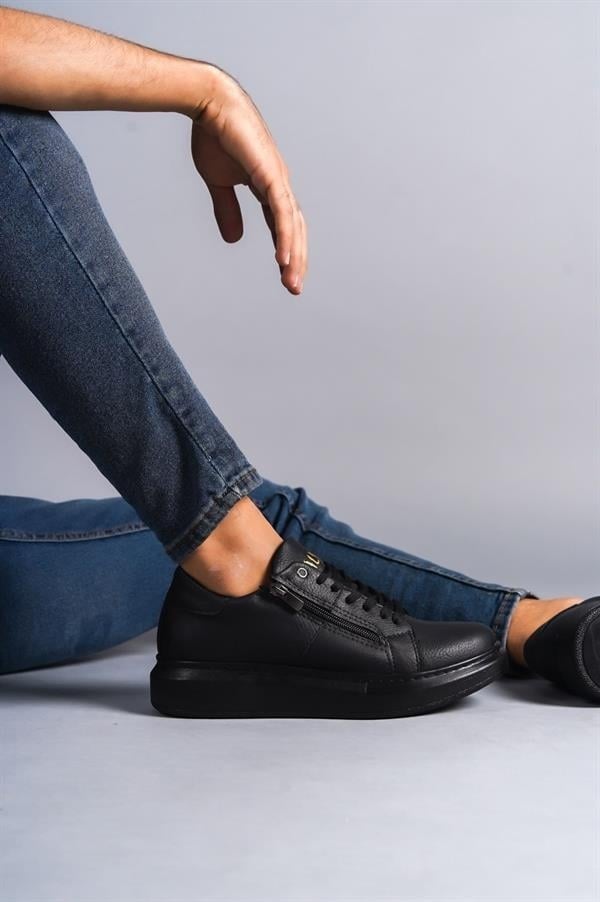 SLW155 Warrior Bağcıklı Ve Fermuarlı Cilt Erkek Günlük Sneaker Ayakkabı CST - Siyah
