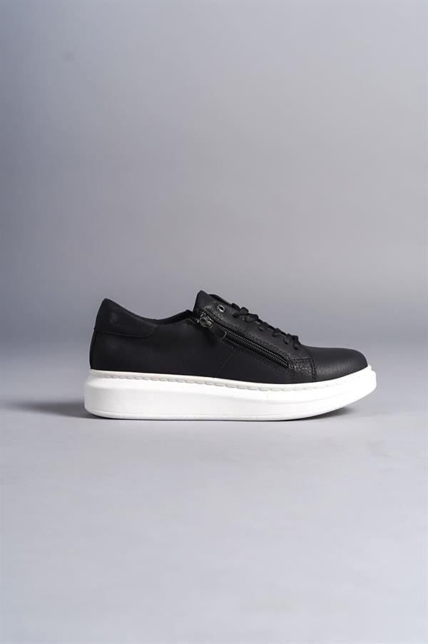 SLW155 Warrior Bağcıklı Ve Fermuarlı Cilt Erkek Günlük Sneaker Ayakkabı CBT - Siyah