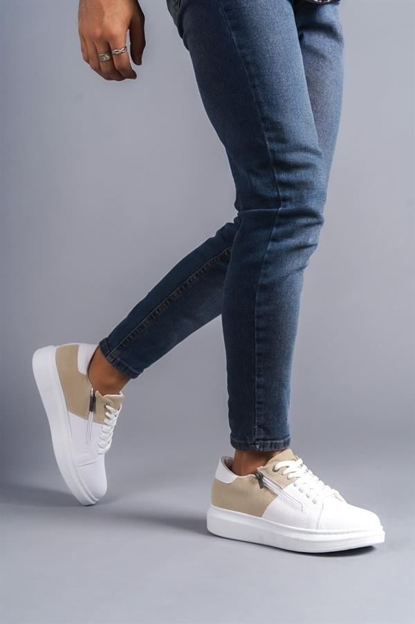 SLW155 Warrior Bağcıklı Ve Fermuarlı Cilt Süet Erkek Günlük Sneaker Ayakkabı CSBT - Beyaz/Krem