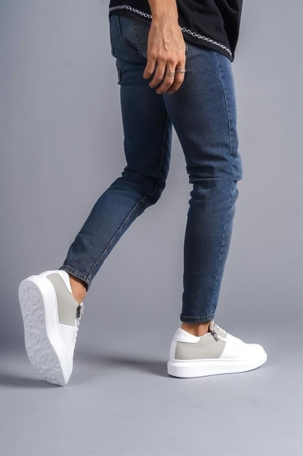 SLW155 Warrior Bağcıklı Ve Fermuarlı Cilt Süet Erkek Günlük Sneaker Ayakkabı CSBT - Beyaz/Gri