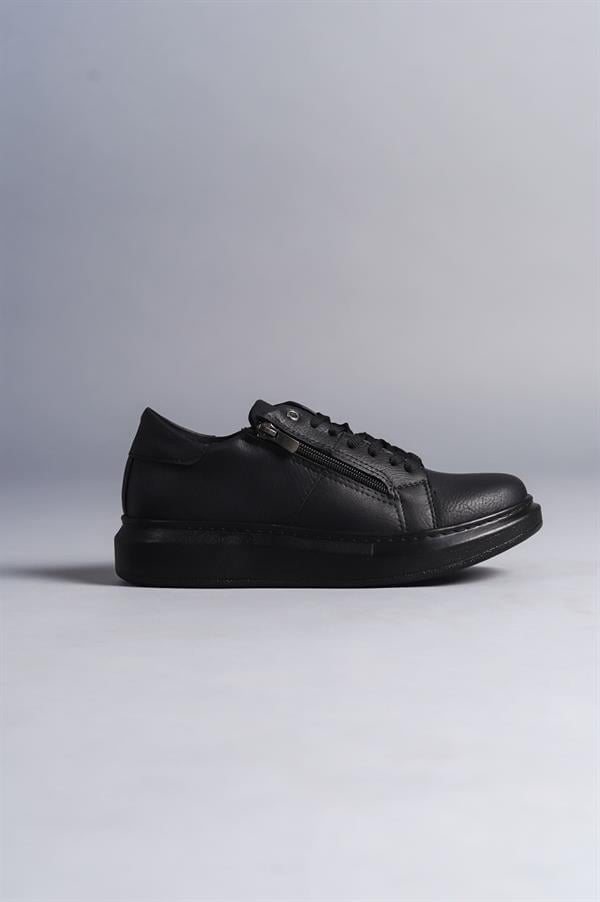 SLW155 Warrior Bağcıklı Ve Fermuarlı Cilt Erkek Günlük Sneaker Ayakkabı CST - Siyah