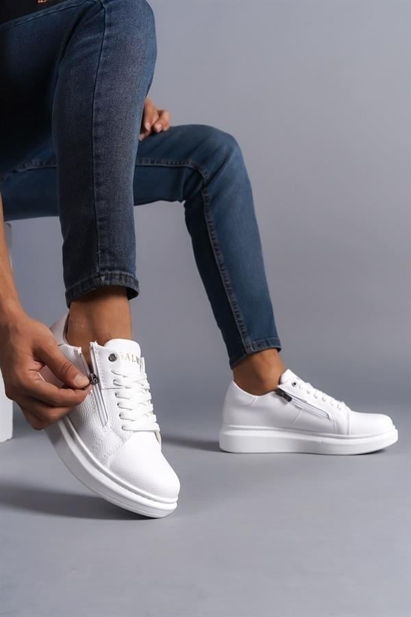 SLW155 Warrior Bağcıklı Ve Fermuarlı Cilt Erkek Günlük Sneaker Ayakkabı CBT - Beyaz