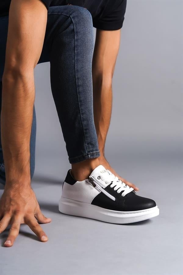 SLW155 Warrior Bağcıklı Ve Fermuarlı Cilt Erkek Günlük Sneaker Ayakkabı CBT - Beyaz/Siyah