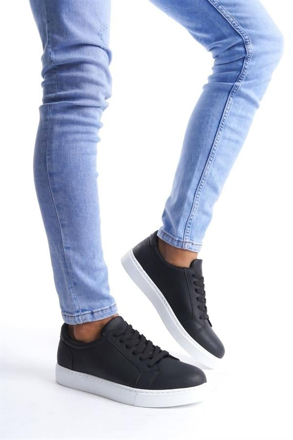 SLW165 Elite Bağcıklı Cilt Erkek Günlük Sneaker Ayakkabı CBT - Siyah
