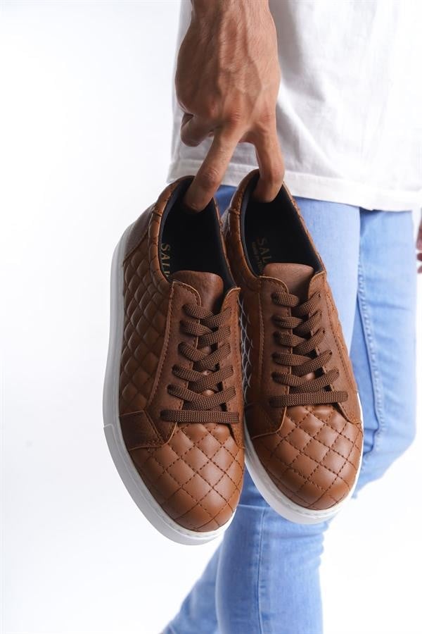SLW166 Prestige Bağcıklı Cilt Kapitone Desenli Erkek Günlük Sneaker Ayakkabı CBT - Taba
