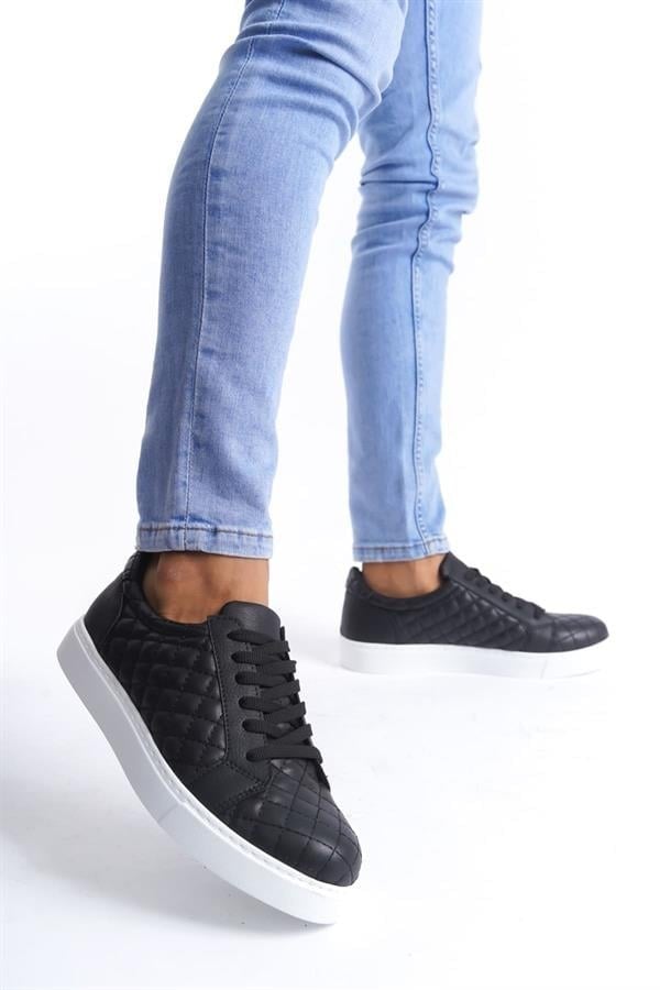 SLW166 Prestige Bağcıklı Cilt Kapitone Desenli Erkek Günlük Sneaker Ayakkabı CBT - Siyah