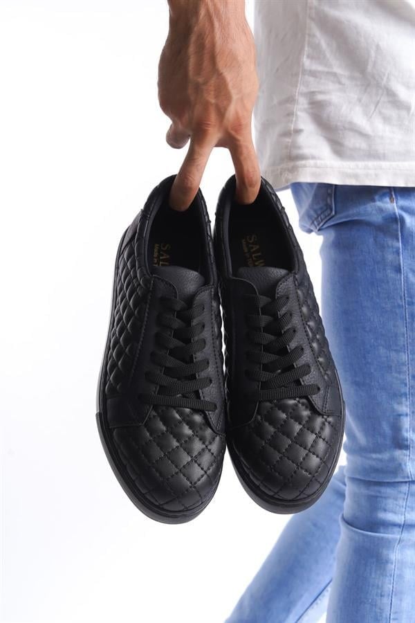 SLW166 Prestige Bağcıklı Cilt Kapitone Desenli Erkek Günlük Sneaker Ayakkabı CST - Siyah