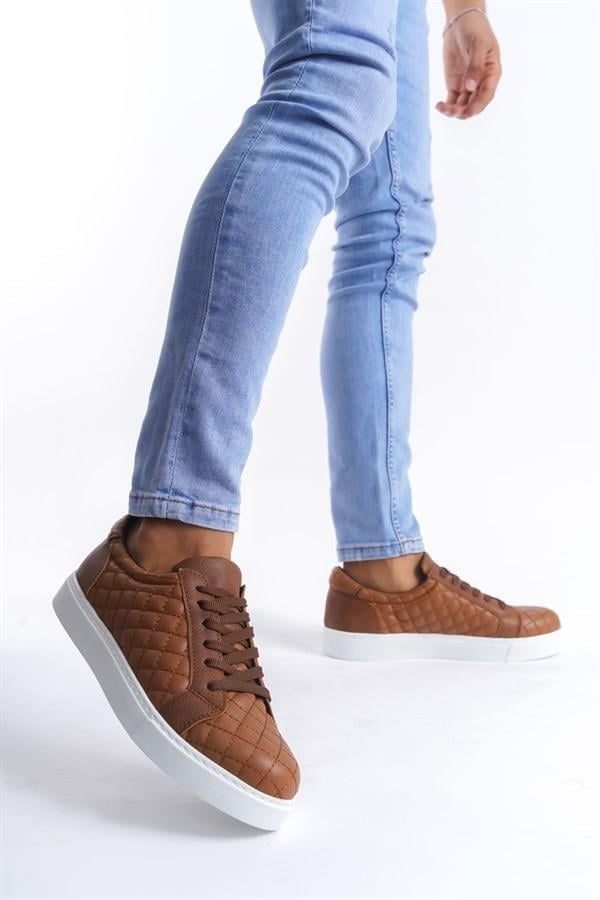 SLW166 Prestige Bağcıklı Cilt Kapitone Desenli Erkek Günlük Sneaker Ayakkabı CBT - Taba
