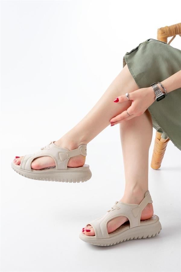 T-221 Bej  Spring Paraşüt Kumaş Lastikli Ortopedik Kadın Sandalet