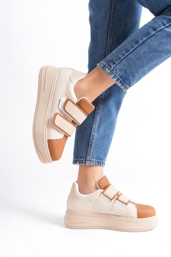 VALENCIA Bağcıksız Cırt Cırtlı Ortopedik Taban Kadın Sneaker Spor Ayakkabı CTT - Ten/Kahve