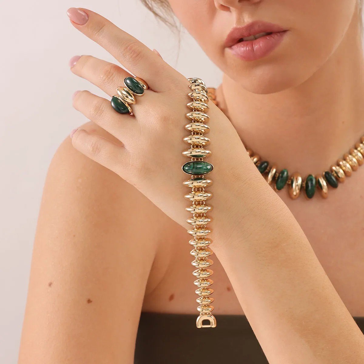 Regold Yeşil Taşlı 4'lü Set